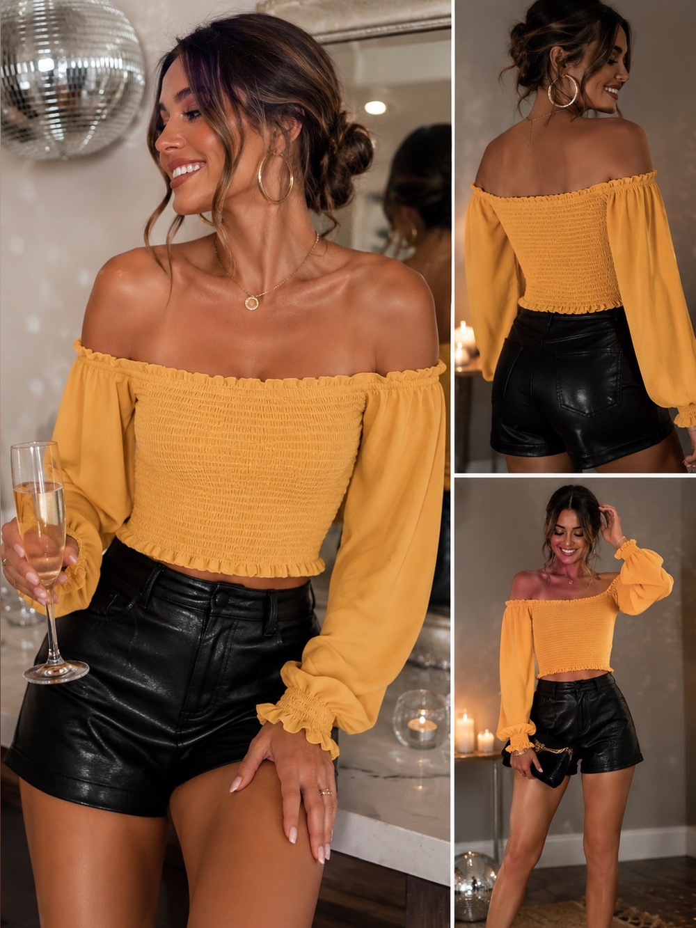 Guess Mustard Off-Shoulder Smocked Crop Top - L